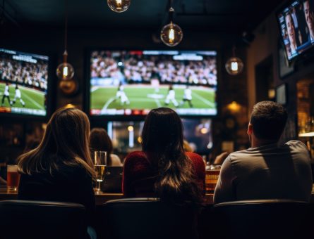 Friends gather at a bar to watch television together, Back view of woman athlete in sportswear doing stretching and warm up for hands outdoors on ocean beach, AI Generated